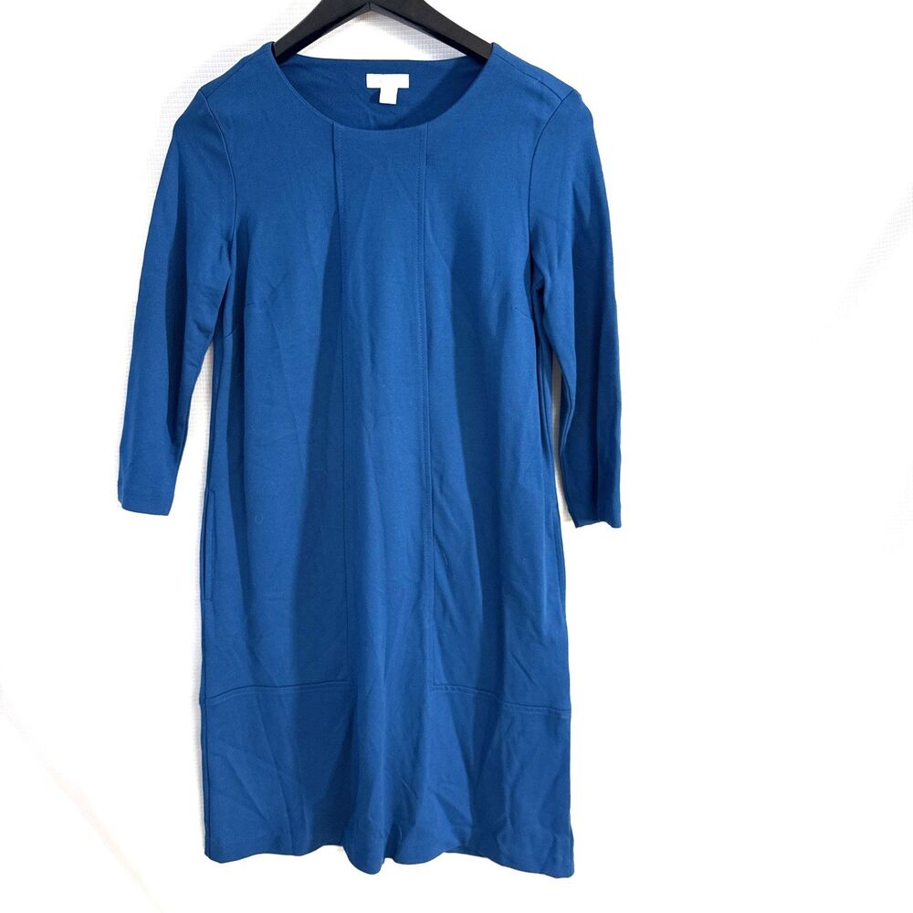 J Jill Ponte Knit Shift Dress 3/4 Sleeve Blue Pockets Front Panels - XS Petite